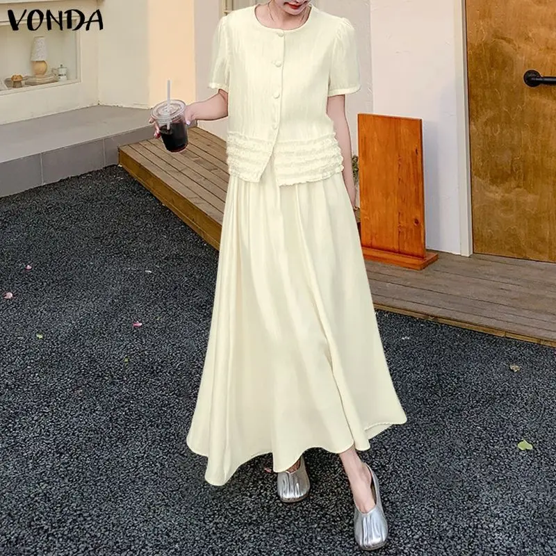 

2026 VONDA Fashion Women Dress Sets Summer Short Sleeve Shirts and Long Skirts Elegant Solid 2pcs Casual Loose 2 Piece Outfits