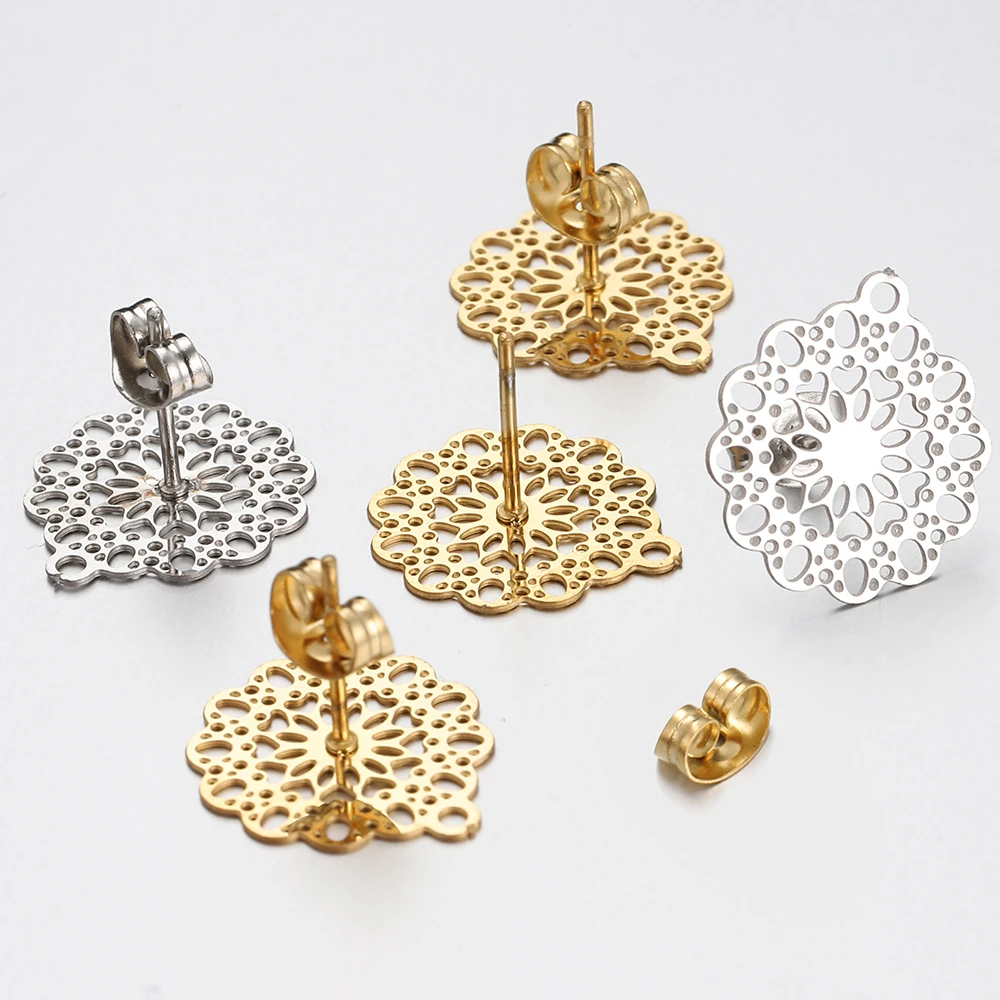 10pcs Stainless Steel Flower Ear Studs Hollowed Out Earring Base with Earplug for Earrings Jewelry Making DIY Findings Accessory