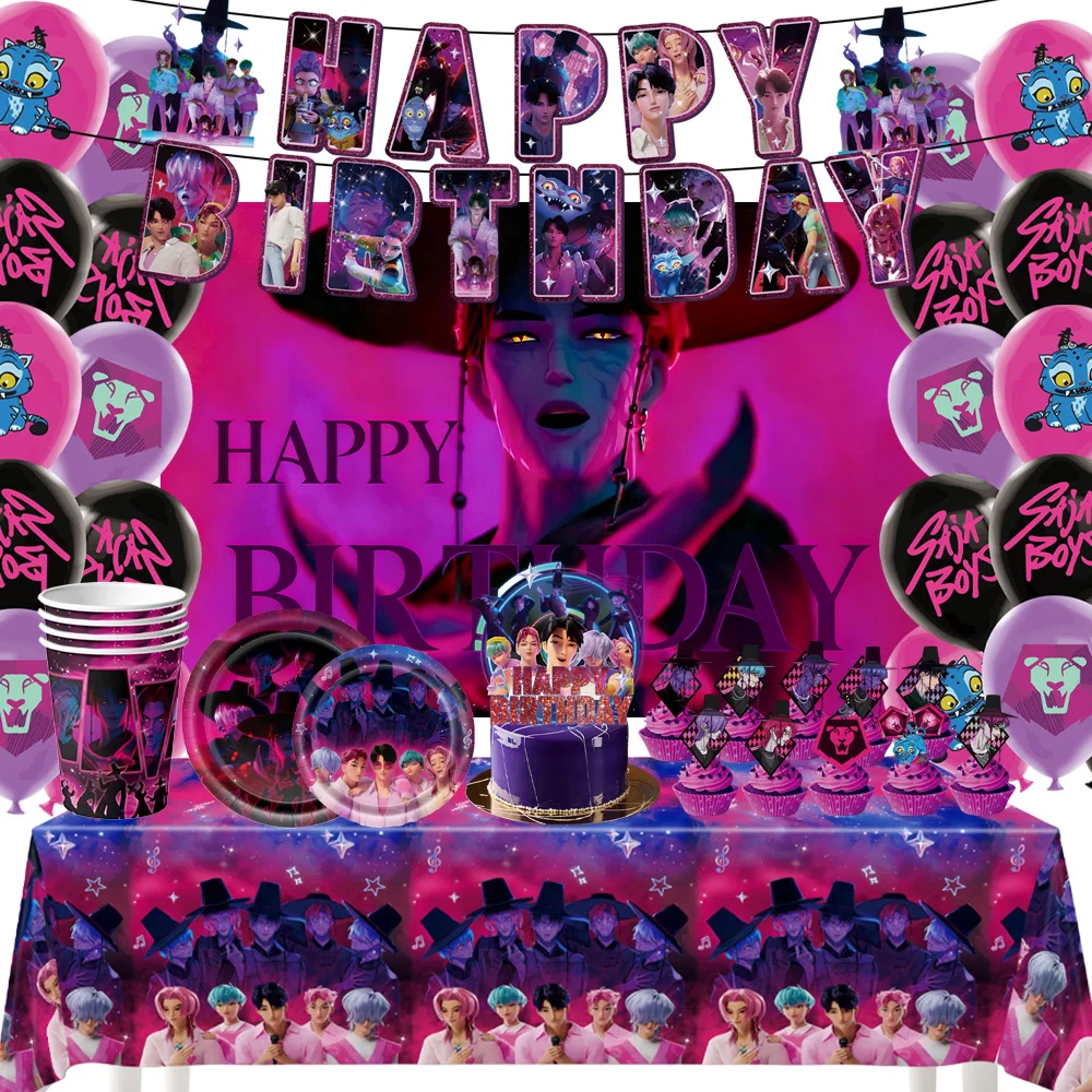 

KPop Boy Demon Hunters Birthday Party Decorations Purple Disposable Tableware Anime Pink Balloons Saja Boys Backdrop Banner Gift