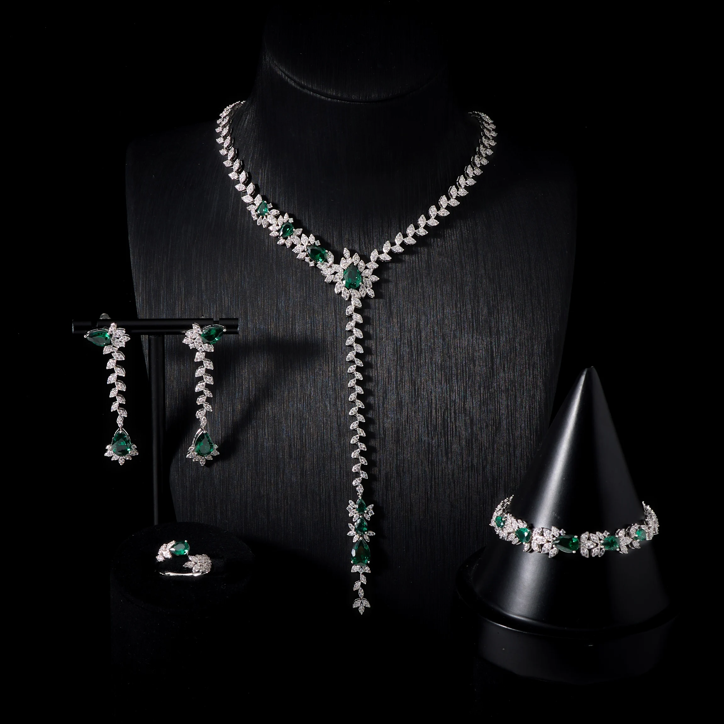 00110 Women's Luxury Wedding Jewelry Set | Pink CZ Crystal Lariat Necklace Earrings Bracelet Ring