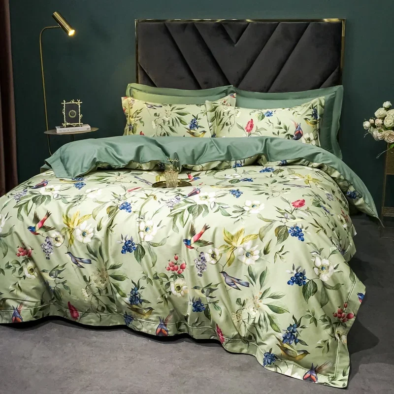 1400TC Egyptian Cotton Floral Bird Printing Bedding Set, Soft Duvet Cover, Bed Sheet, Pillowcases, American Style, Luxury 4Pcs