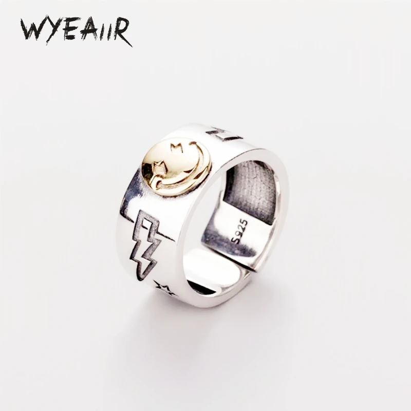 WYEAIIR 925 Sterling Silver Happy Smiley Face Lightning Large Retro Golden Gothic Fine Jewelry Resizable Opening Female Ring