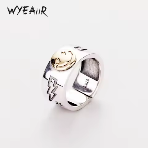 WYEAIIR 925 Sterling Silver Happy Smiley Face Lightning Large Retro Golden Gothic Fine Jewelry Resizable Opening Female Ring