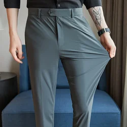Men High Elastic Ice Silk Pants Men 2024 Spring Summer Slim Business Office Social Trousers High Quality Breathable Casual Pant