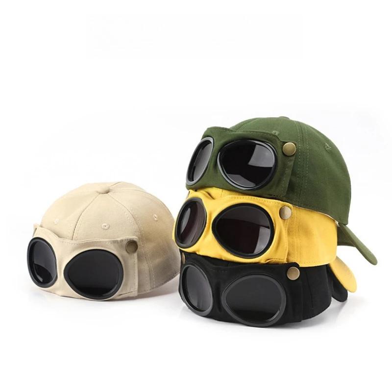 Vintage Pilot Baseball Cap With Detachable Goggles Aviator Sunglasses Hat Adjustable Snapback Casual Streetwear Outdoor Sun Hat