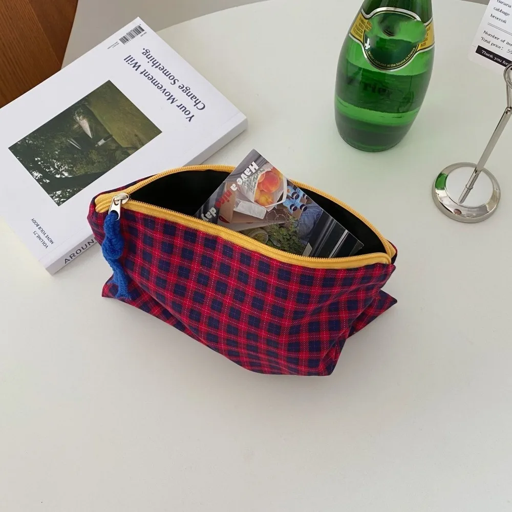 

New Cotton Plaid Makeup Bag Simple Portable with Zipper Pouch Cosmetic Bag Large Capacity Storage Bag Women Girls
