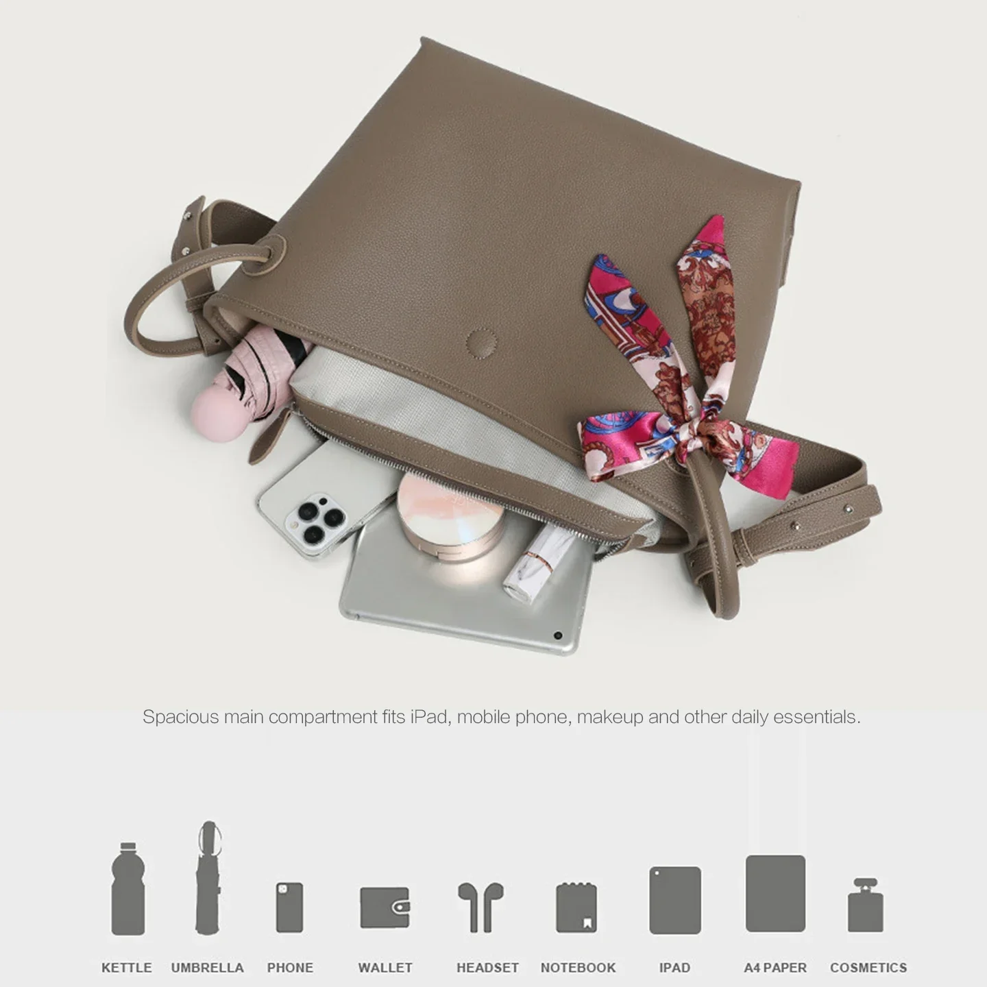Light Luxury High end Women Tote Bag PU Leather Solid Color 2 in 1 Shoulder Crossbody Handbag with Detachable Inner Pouch view 4
