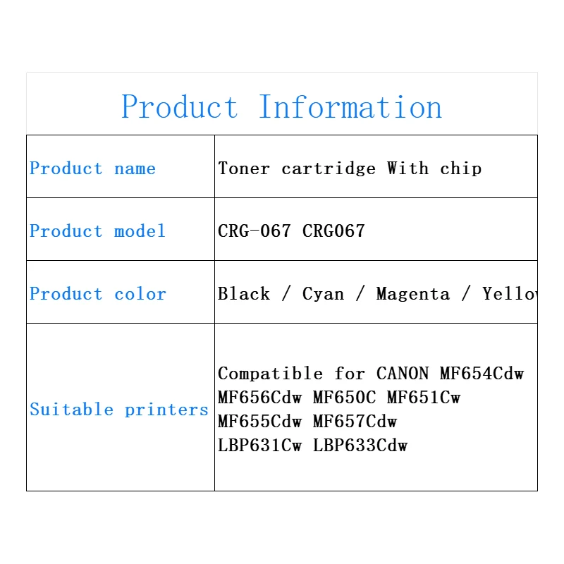 With Chip CRG-067 crg067 067 Compatible Toner Cartridge for CANON MF654Cdw MF656Cdw MF651Cw MF655Cdw MF657Cdw LBP631Cw LBP633Cdw