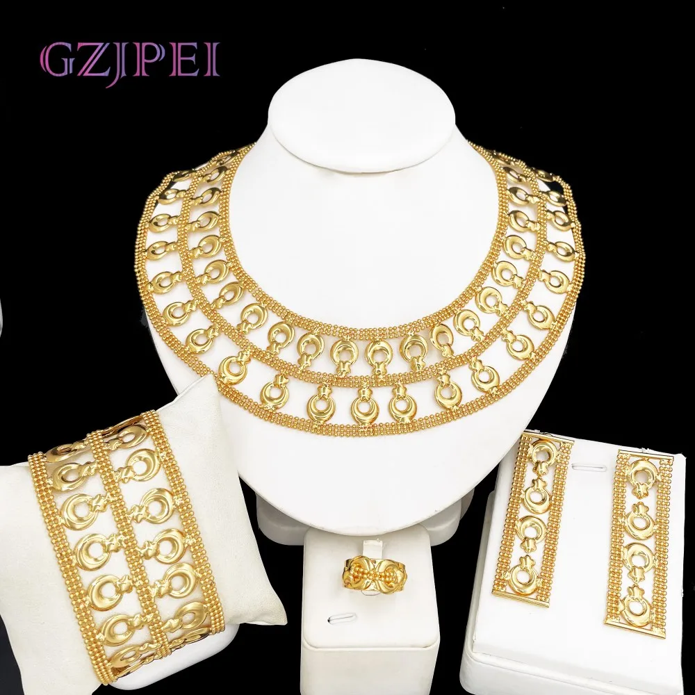 

GZJPEI 18K Gold Plated Women Jewelry Set Statement Exaggeration Wide Bracelet Necklace Christmas Gifts Sets Wedding Accessories