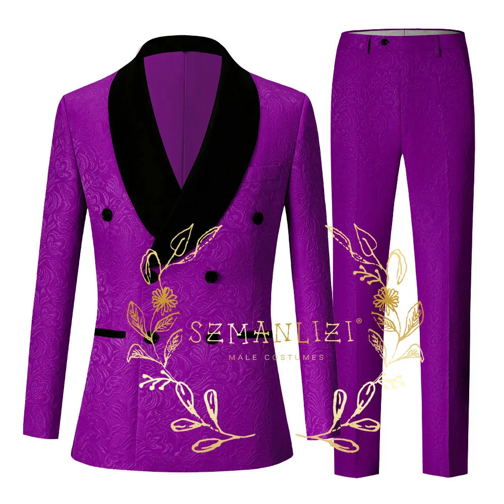 

Purple Paisley Floral Suit for Boys Wedding Tuxedo Shawl Lapel Double Breasted Jacket Pants 2 Piece Formal Kids Blazer Pants Set