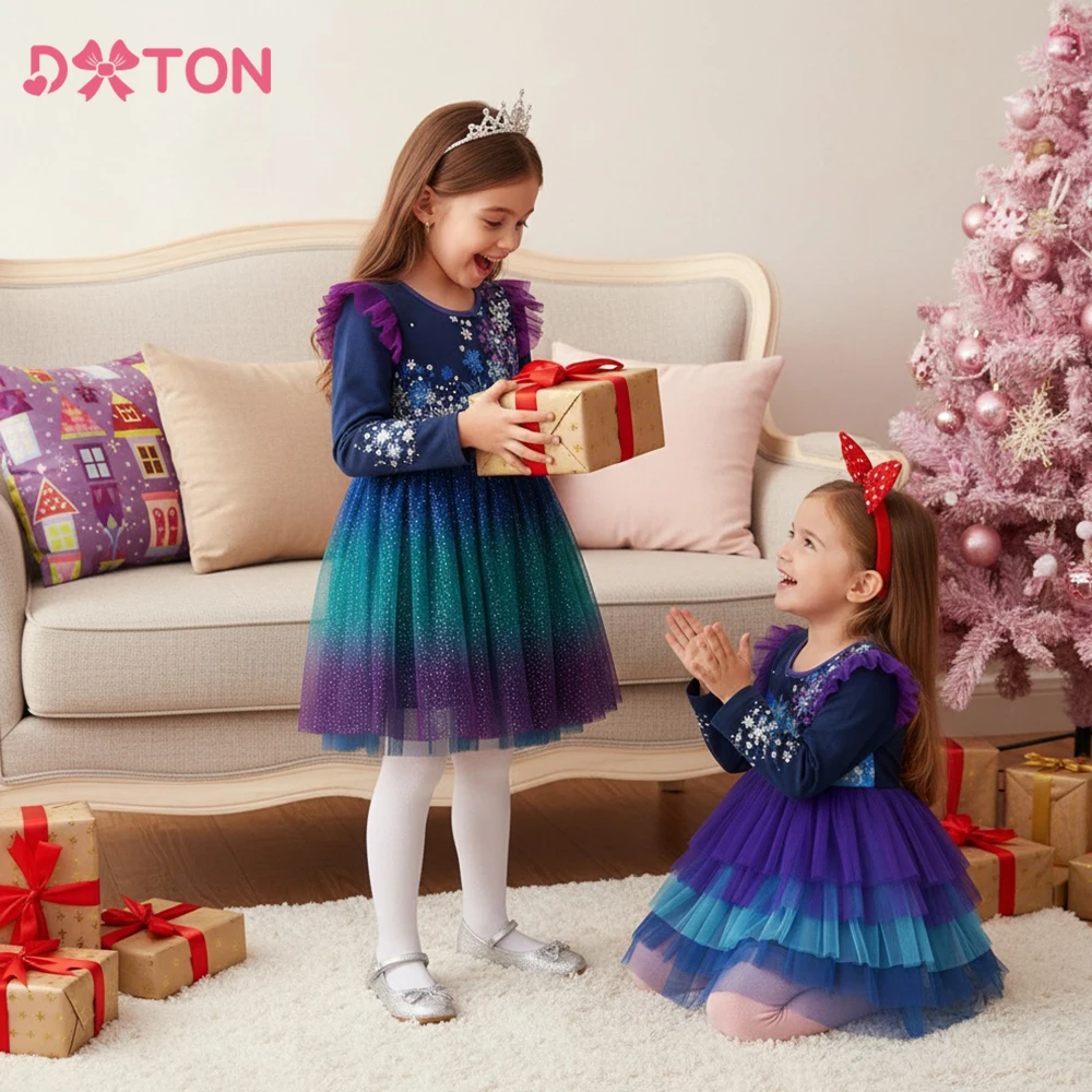 

DXTON Girls Christmas Snowflake Dress Ruffled Mesh Kids Dress Sequins Tulle Toddlers Festive Clothes Holiday Party Girl Costume