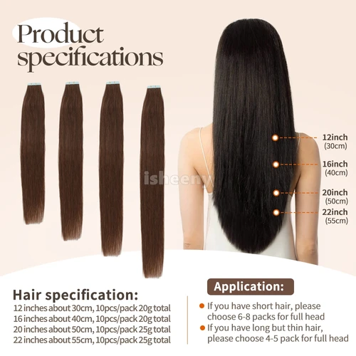 Imagen 2 del producto Isheeny-Cinta de trama de piel sintética, extensiones de cabello de 10 piezas, Invisible, máquina recta, Remy, 12, 16 y 20 pulgadas