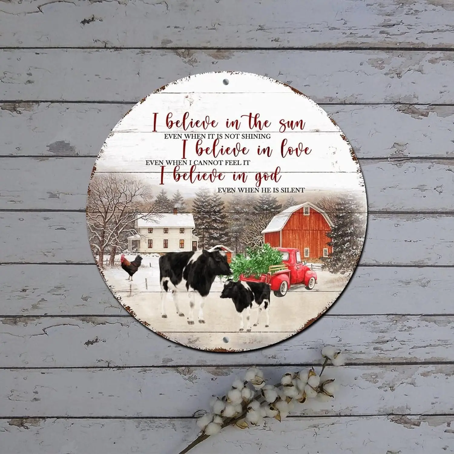 Merry Christmas Door Sign I Believe in The Sun Farm Animal Wood Grain Round Metal Tin Sign Christmas Door Decor Distressed Styli