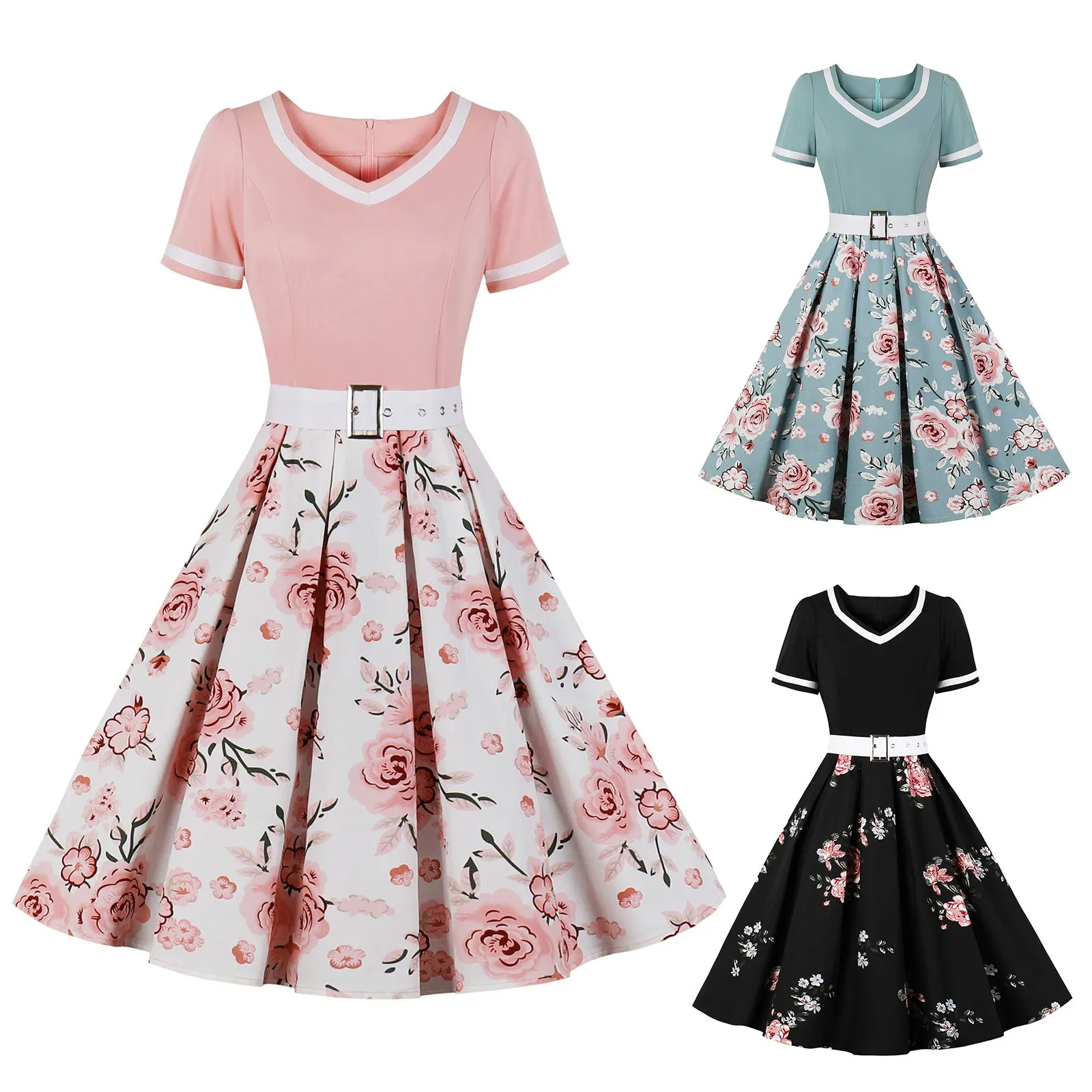 50S 60S Dames Vintage Feestjurk Met Riem Met Stipprint Korte Mouw Hepburn Oversized Gewaad Pin Up Rockabilly Jurken 2024