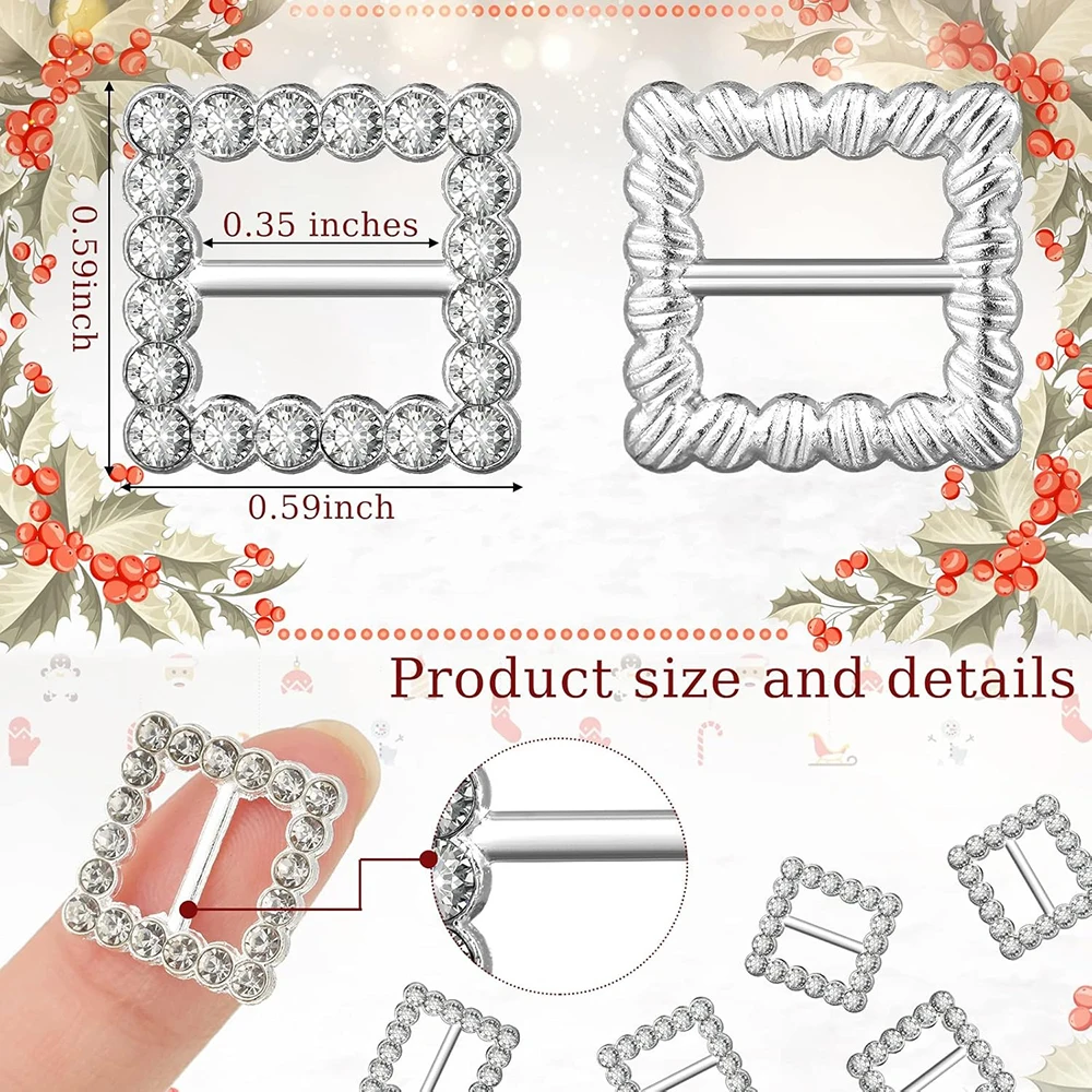 10Pcs Crystal Rhinestone Ribbon Buckles Sliders Square Mini Buckle Ribbon Slider Belt Craft for Clothing Decoration Gift Wrap