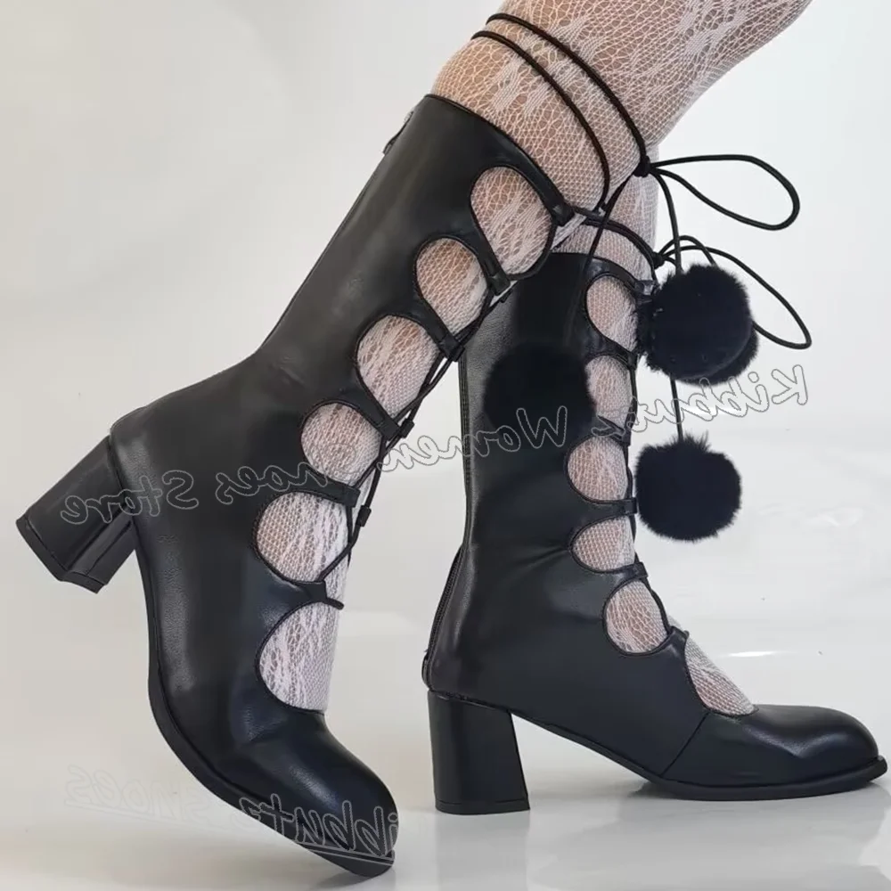 

Belt Buckle Knee High Boots Round Toe Chunky Heel Leather Solid Color Fashion Elegant Concise Sexy Luxury Party Wedding Lace Up
