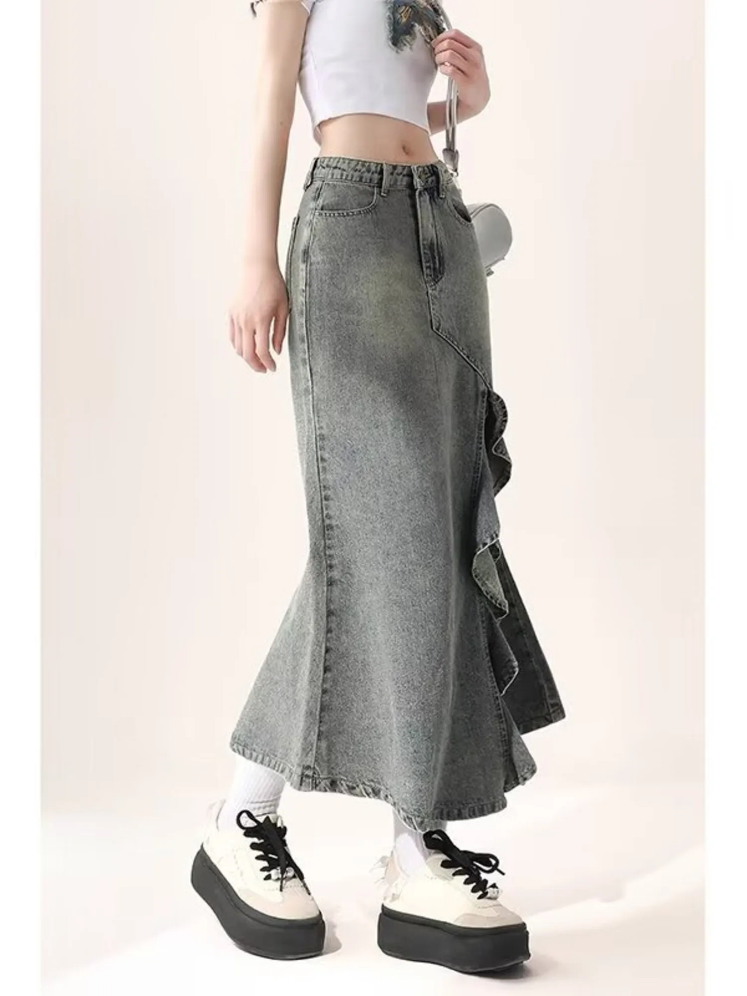 Women's Vintage Washed Denim Mermaid Maxi Skirt High Waist Front Slit Ruffle Hem Midi Jean Skirt XS-3XL view 3
