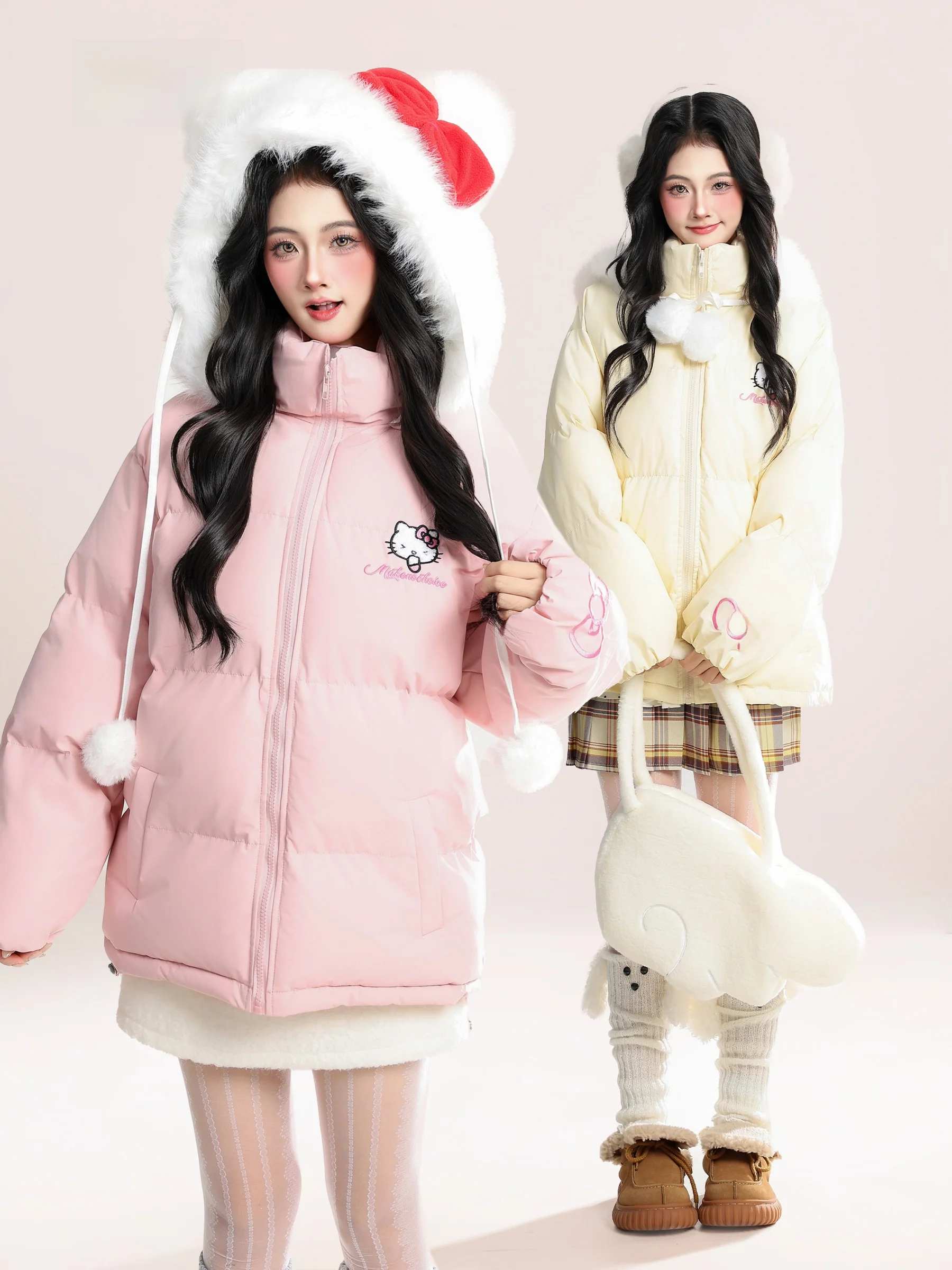 

Утепленная зимняя хлопковая куртка HM для женщин: милый комплект с капюшоном, плюшевое пальто, теплое, в университетском стиле, с вышивкой, длинный рукав