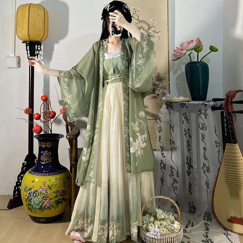 Chinese Hanfu Dress 3-piece Set Green Flowing Embroidery Maxi Dress Women Chinese Traditional Dress Costume For Shoot Graduation