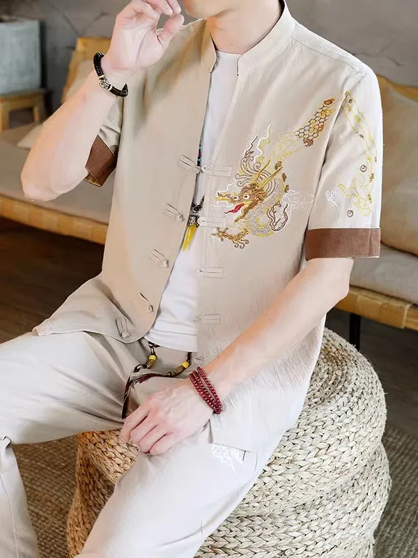 

New Chinese Sle Tang Suit Hanfu Men's ort Sve Embroidered Cotton Linen Five Sve irt Two Piece Set Faionable Sum...