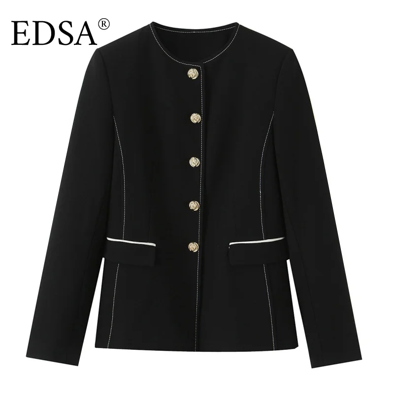

EDSA Women Black Blazer with Trims Shoulder Pads Round Neck Long Sleeves for Casual Office Lady Jacket Coat