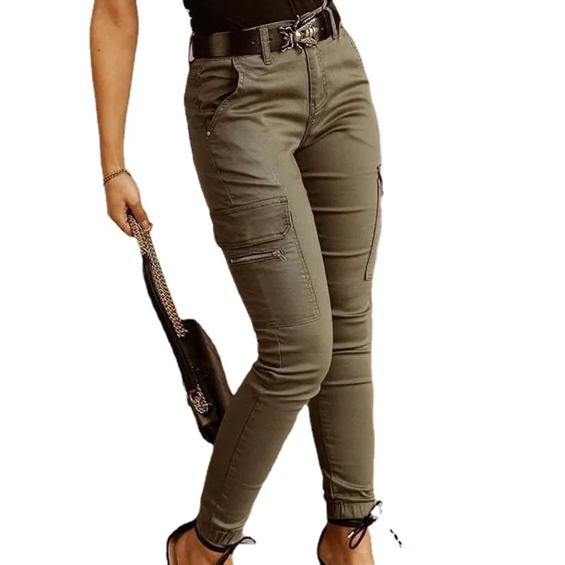 الخريف والشتاء جديد تنوعا المرأة السراويل الطويلة منخفضة الخصر زر بلون جيب تو وزرة النساء