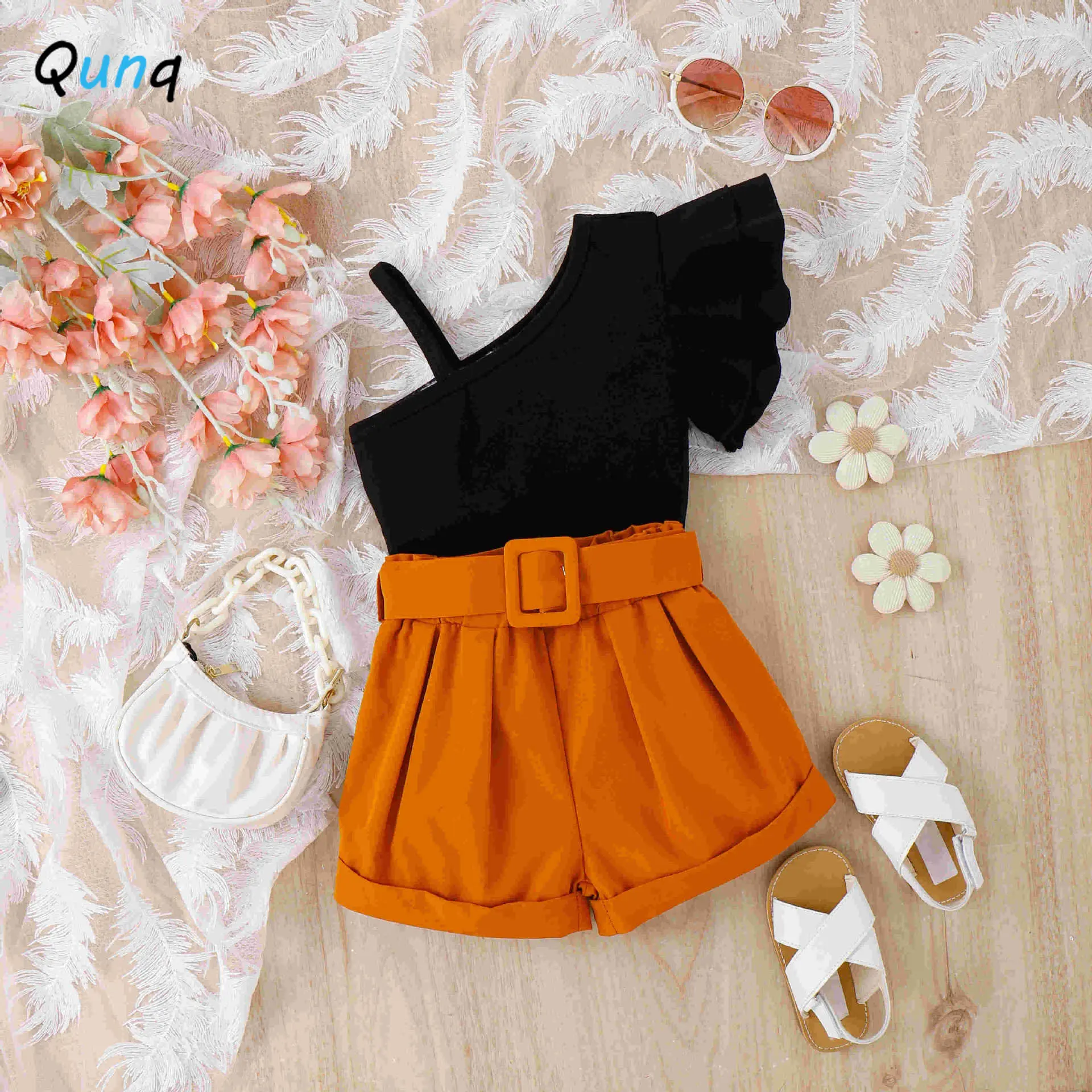 Qunq 2023 Summer INS New Girls Sloping Shoulder Suspender Ruffle Sleeve Top + Shorts 2 Pieces Set Casual Kids Clothes Age 3T-8T