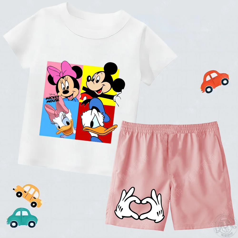 Summer Girls Fashion Casual Kids Disney Series Cartoon Short sleeve set 2d cartoon Mickey Mouse print boy round neck T-shirt set