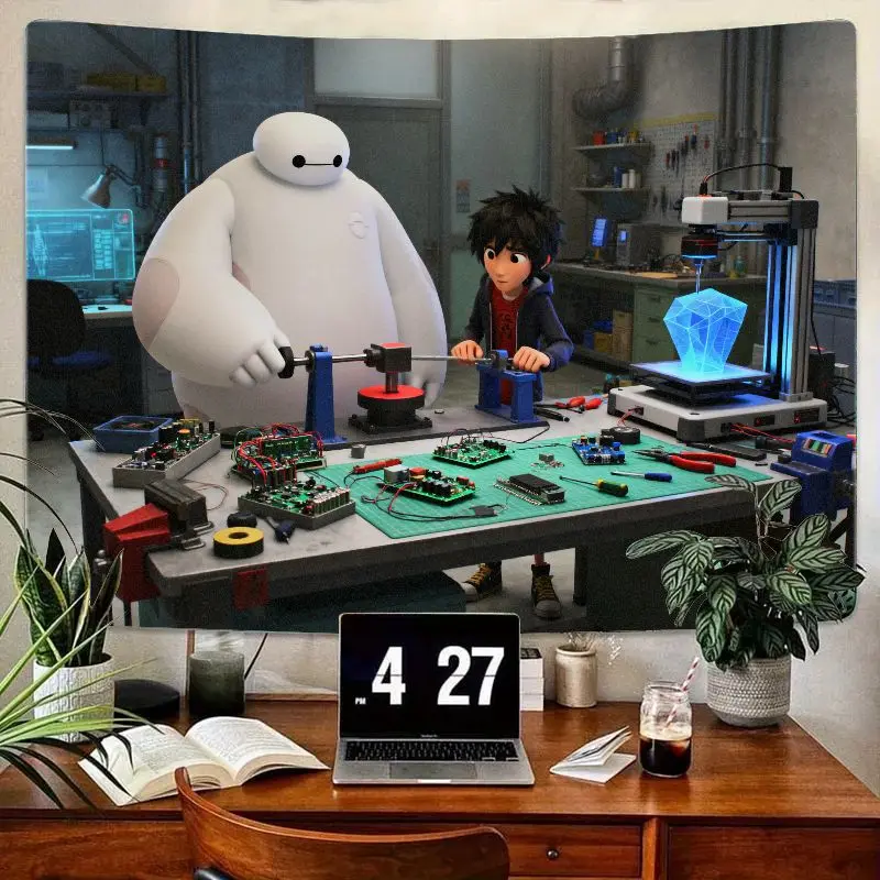 

Гобелен Big Hero 6 Baymax & Hiro Workshop, 1 шт., современный научно-фантастический настенный художественный декор для спальни, гостиной, забавный подарок для фанатов кино