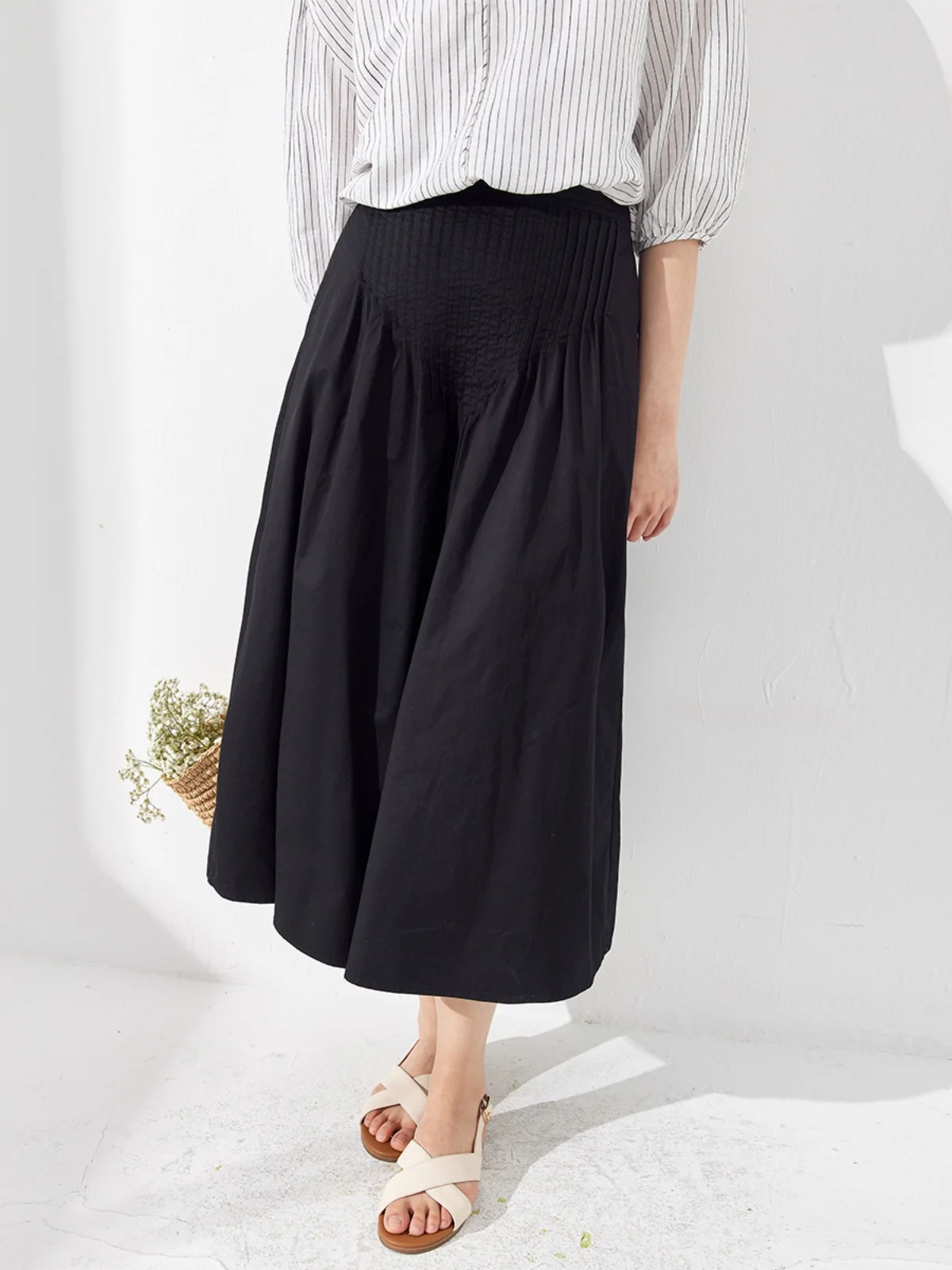 

Повседневная универсальная плиссированная юбка А-силуэта средней длины с завышенной талией из смесового хлопка для женщин