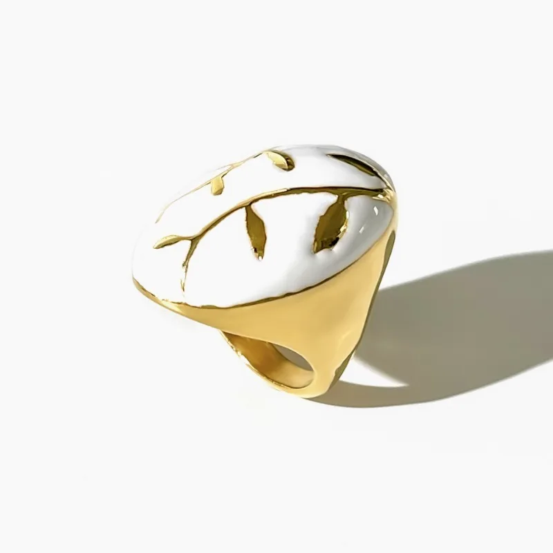 Minar Personality White Color Enamel Branch Charm Rings for Women Gold PVD Plated Stainless Steel Geometric Finger Ring