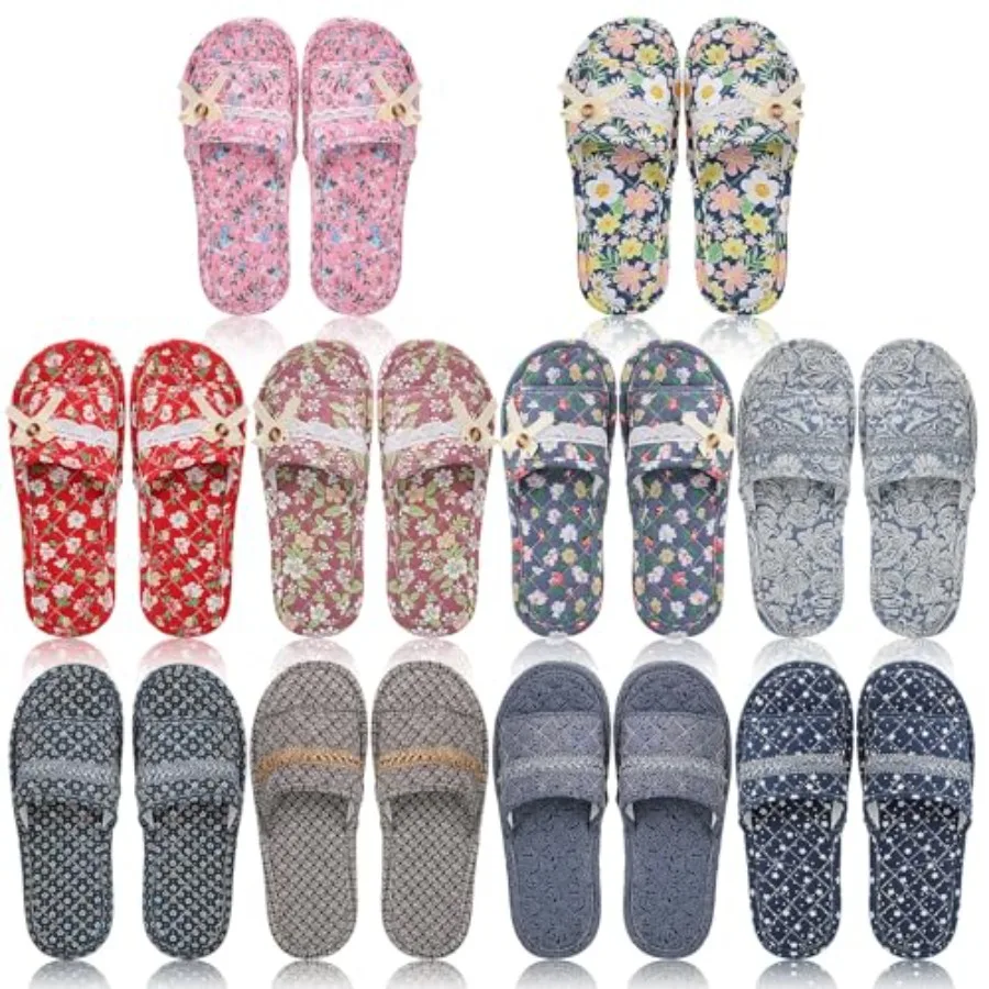 

Chuarry 10 пар хлопковых домашних тапочек с цветочным узором для женщин, моющиеся, для гостей, с открытым носком, для отелей, путешествий, самолетов