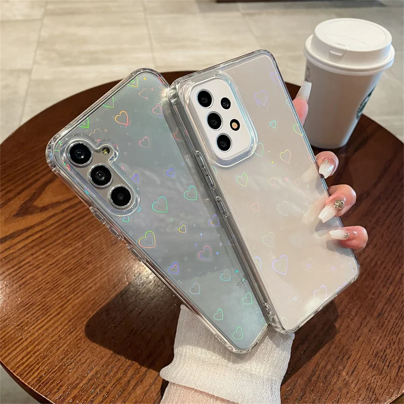 Holographic Laser Love Heart Transparent Case for Samsung Galaxy A57 A37 A17 A56 A36 A55 A54 Gradient Colorful Airbag Cover