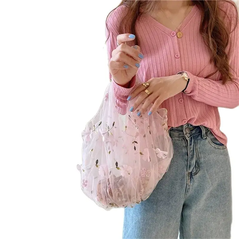 Spring Sweet Mesh Embroidered Tote Bags Female Shoulder Light Clear Shipping Bags Floral High Capacity Eco Bag Purse for Girls