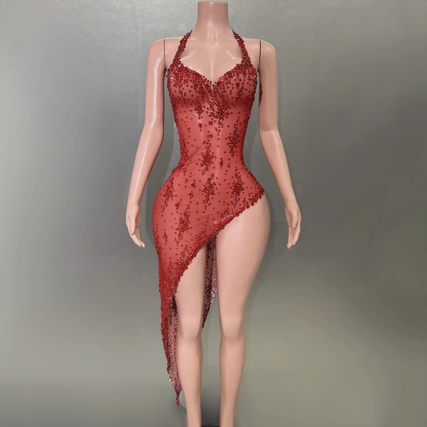

Red Rhinestones Sexy See-Through Mesh Mini Sheath Dress Evening Party Performance Costume Bar Nightclub Singer Dancer Stage Wear