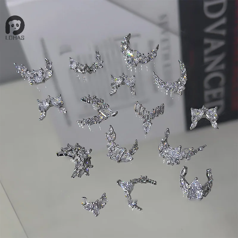 1PCS Sparkle Zircon Crescent Shape Pendant Silver Alloy Nail Art Rhinestones Jewel Decorations Manicure Ornaments