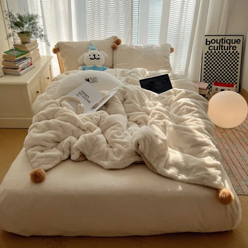 

2024 new winter thickened rabbit plush bed four-piece set premium plush bedding coral flannel quilt cover