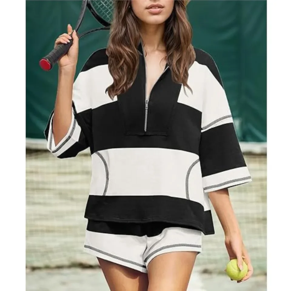 

Casual Women's Baseball Sportswear 2-piece Set Summer New Fashion Striped Color Blocked Loose T-shirt And Shorts Two Piece Set