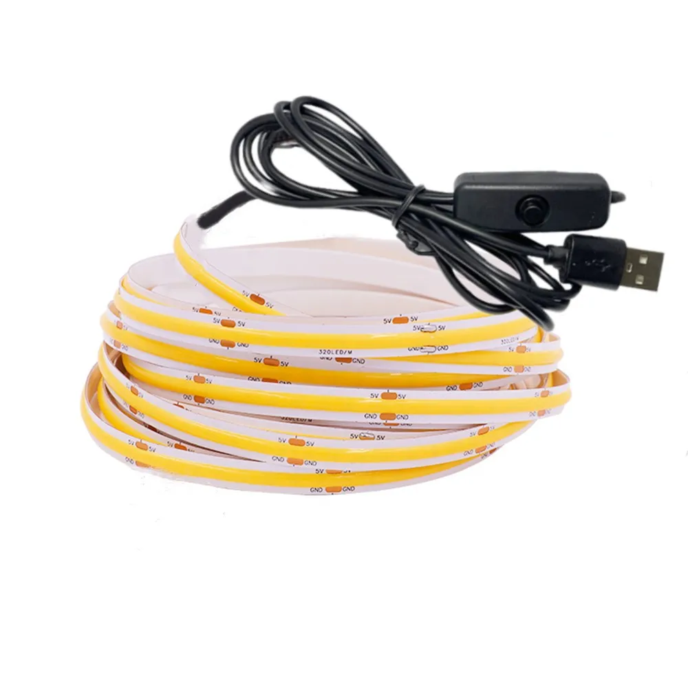 USB COB LED Strip DC5V 320LEDs/m High Density Flexible Dimmable Linear Lighting Tape TV Room Background Lamp 3000-6500K 1M-5M