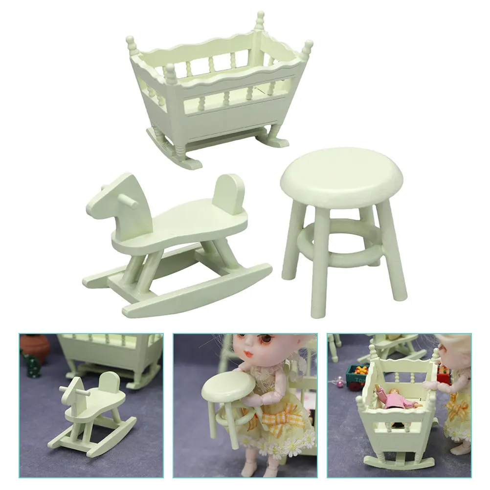 

1Set Miniature Furniture Set Wooden Horse Cradle Stool Decoration Mini House Accessory Kids Room Decor