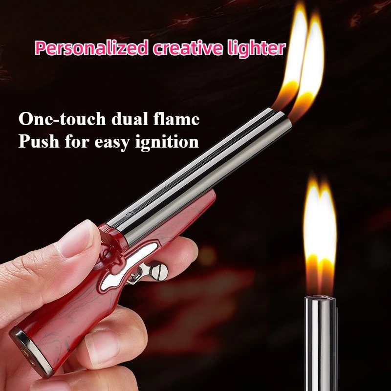 Metal Mini Gun Dual Fire Butane Gas Lighter One-touch Push Button Ignition Open Flame Smoking Accessories Men\'s Gifts