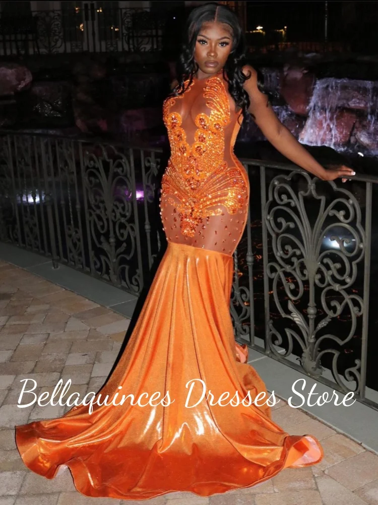 Mermaid Orange Leather Prom Dresses Black Girl 2025 Sexy Glitter Crystal Beaded Sequin Long Party Dress Women Luxury Customized