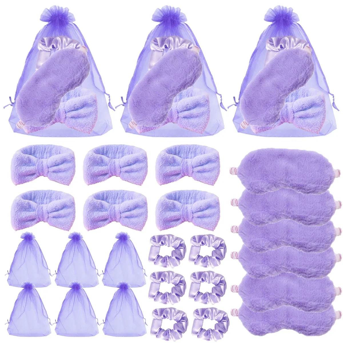 24PCS Pajama Party Set – Wedding Gift Kit with Headband, Plush Sleep Goggles & Gift Bag, for Real Hair Wigs