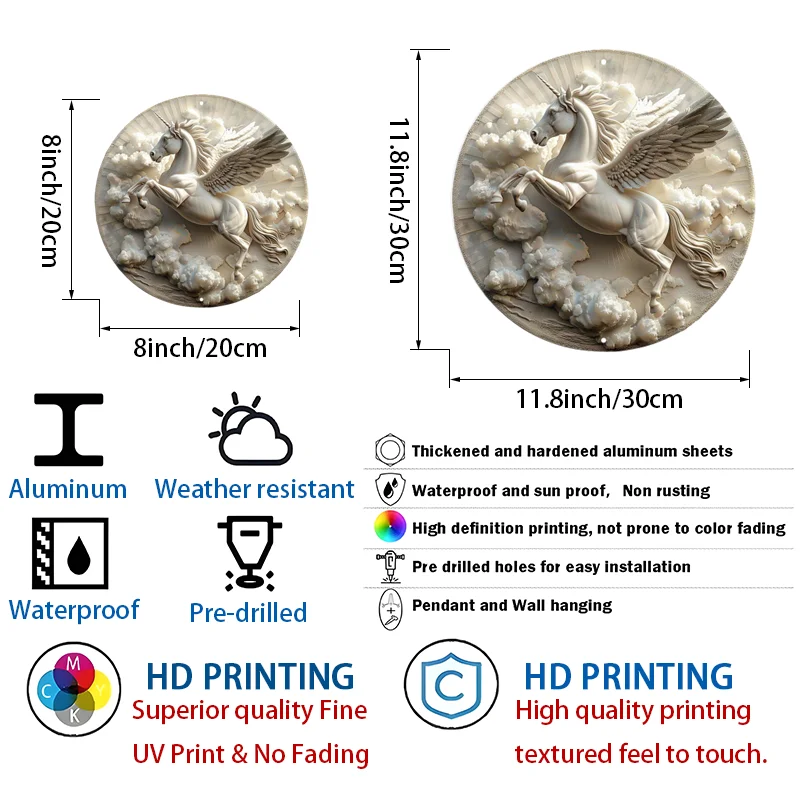 Tanda dinding Pegasus logam aluminium, bulat, tahan air dan tahan cuaca, dekorasi seni fantasi untuk rumah dan taman, 8in, 11.8in