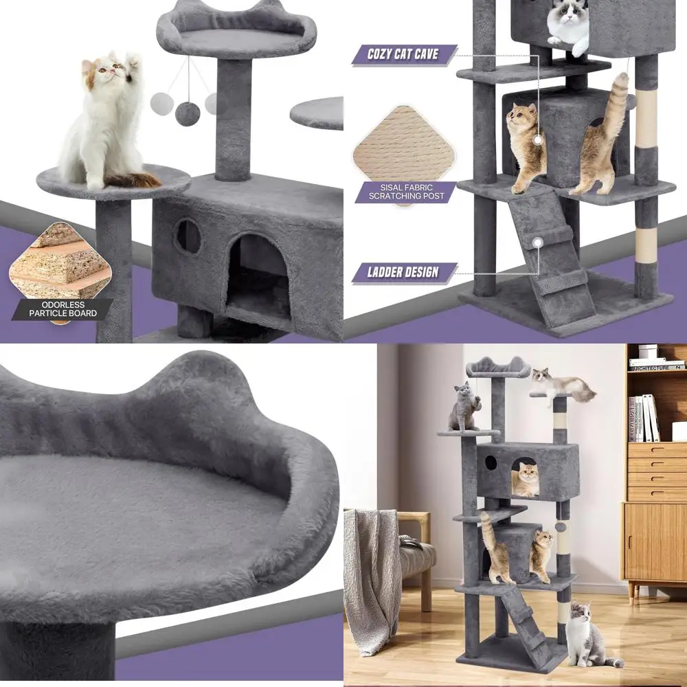 

60 Grey Indoor Cat Tower with Scratch Post and Climbing Features