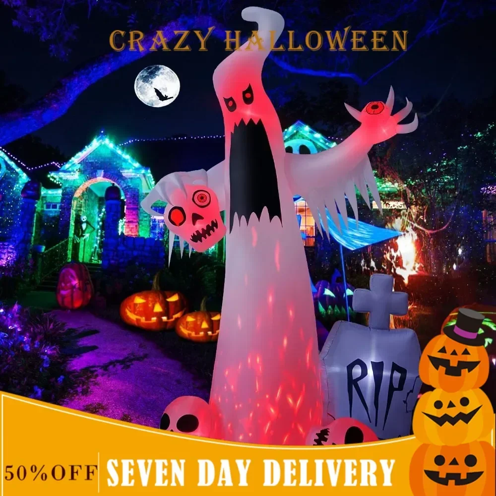 12 Foot Halloween Inflatable Toy, Terrifying White Ghost with 3 Skull Heads Bleeding Eyeball Tombstones, Halloween Decoration