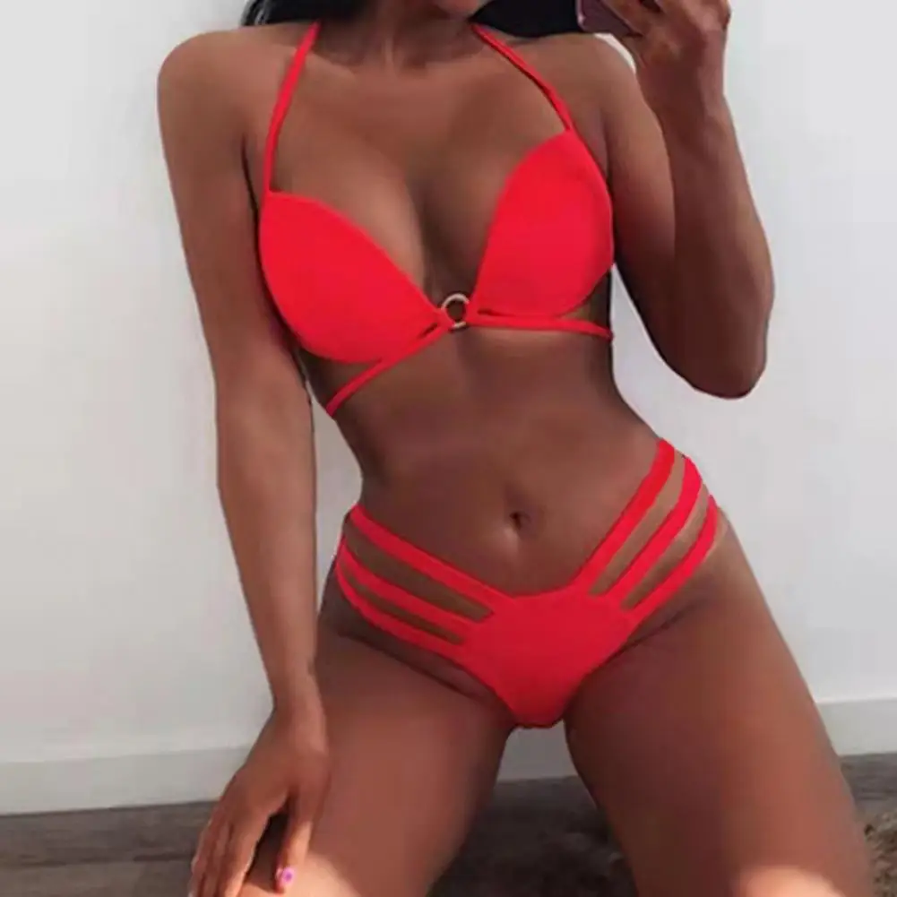 Bikini kobiety Push Up strój kąpielowy 2 sztuk/zestaw Bikini Set Halter szyi wielu pasek jednolity kolor trwałe kobiety strój kąpielowy na plażowe