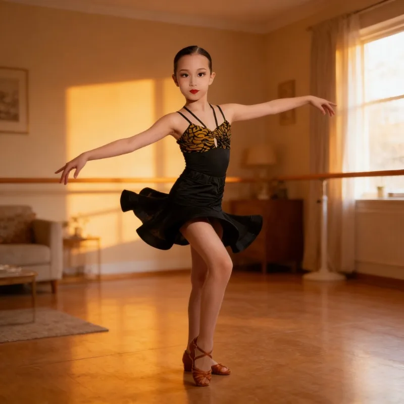 

New Summer Girls Latin Dance Outfit 2 Piece Set Halter Neck Spaghetti Strap Top Ruffle Skirt Kids Practice Performance Dancewear