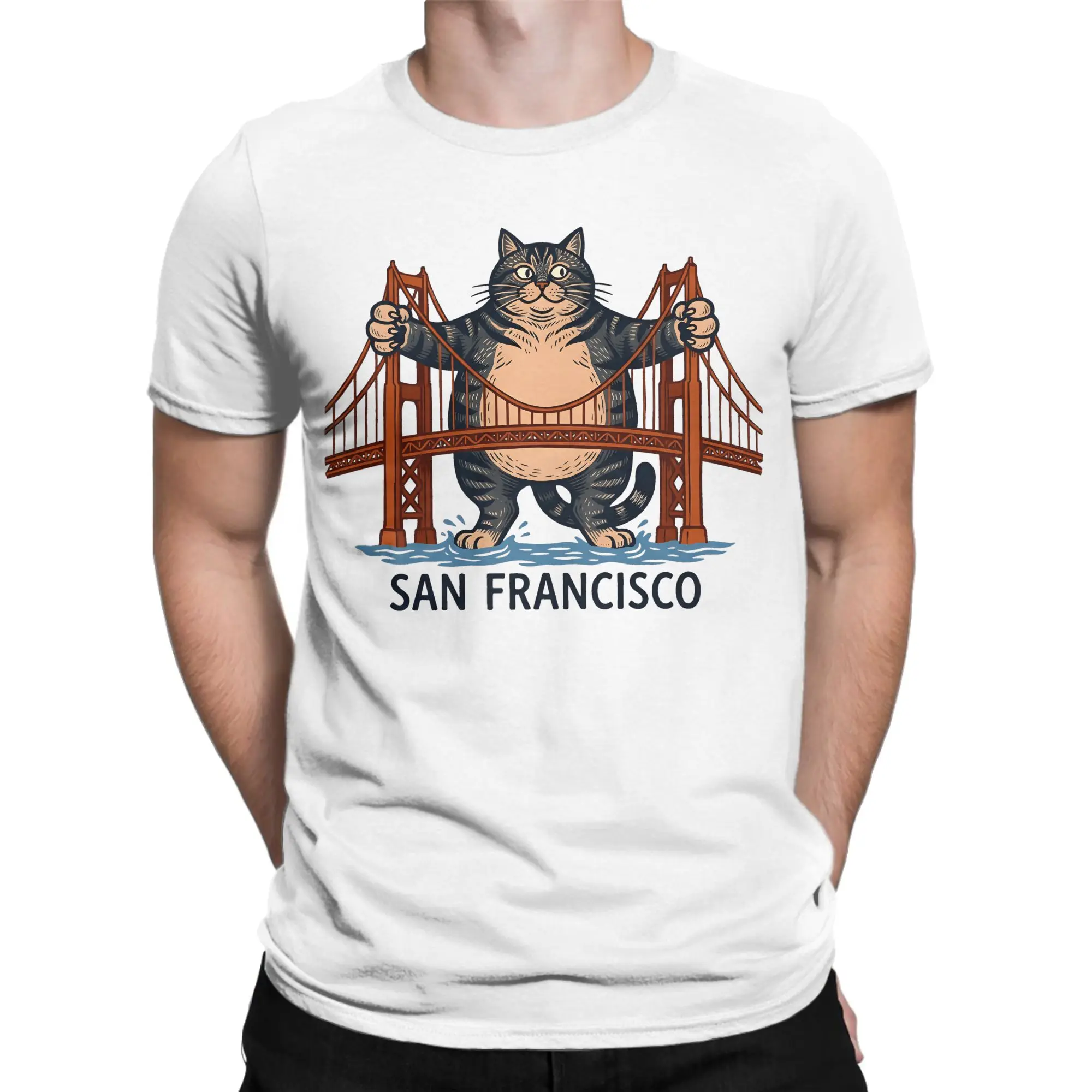 San Francisco Cat Golden Gate Bridge Men T Shirts  Funny Tees Short Sleeve Round Neck T-Shirt Cotton Printing Tops
