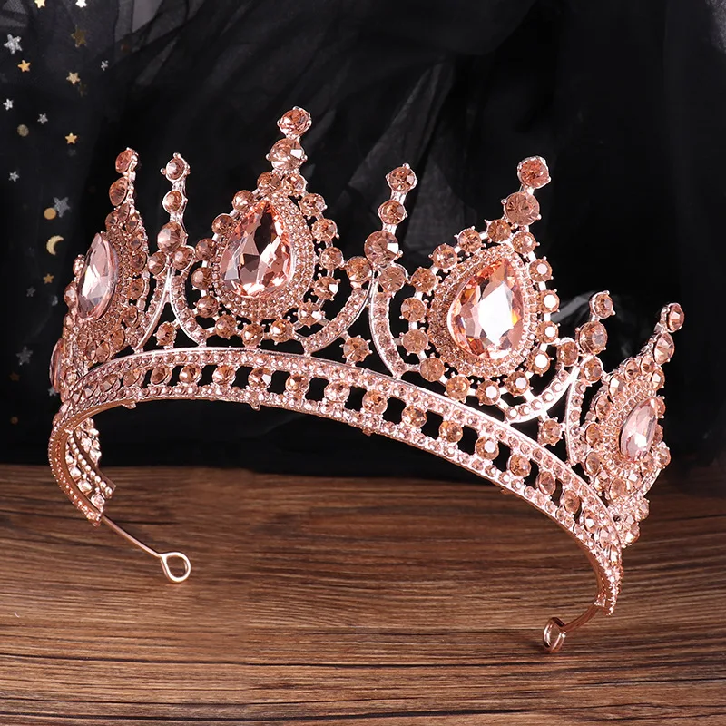 Baroque Vintage Peach Crystal Bridal Tiaras Queen Big Rhinestone Crown Women Beauty Pageant Diadem Wedding Hair Accessories Gift